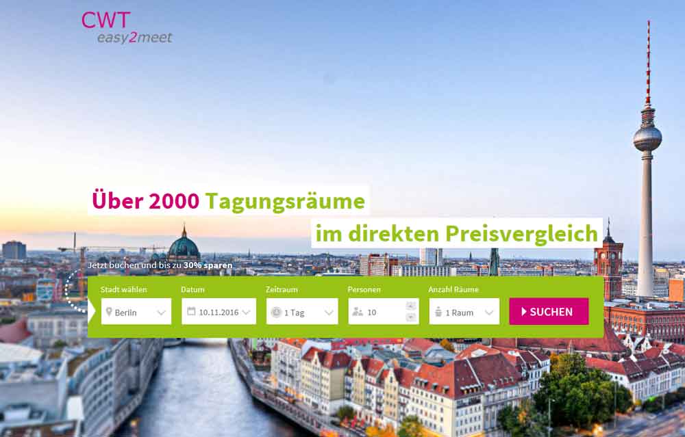 Online-Tool CWT-Easy2Meet- Mit dem Tool CWT easy2meet können Veranstaltungsplaner Tagungsräume inklusive Technik, Verpflegung und Hotelzimmer direkt vergleichen und sofort reservieren