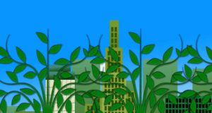 Grüne Hotels für Geschäftsreisende Climate Ranger beraten Rufe Kunden bei der Urlaubsplanung: Grüne Pflanzen im Vordergrund, dahinter Hochhäuser und andere Bauobjekt
