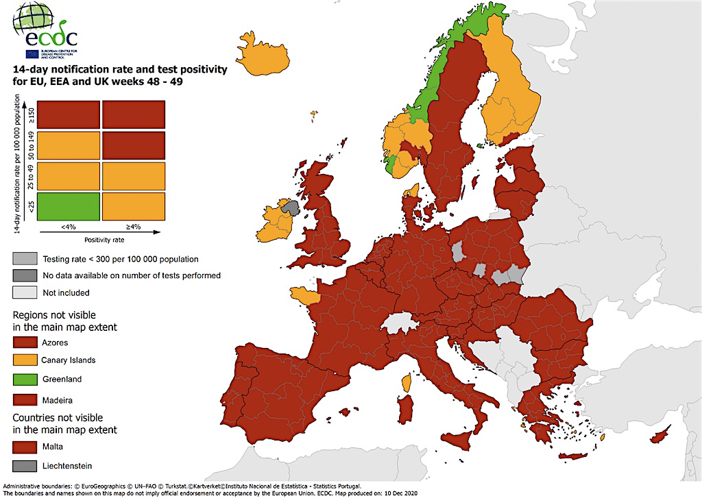 Infografik: 14-Tage-Meldungsrate und Testpositivität für EU, EWR und UK in den Wochen 48 - 49