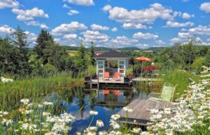 Urlaub in Österreich als ein Lebensgefühl Urlaub in Österreich: Ein kleiner See umgeben von viel Grün und Gänseblümchen, am Ende des Sees eine Holzplattform mit kleiner Hütte, Sonnenschirm und Liegestühle
