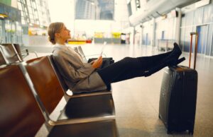 LCC sieht Business Travel im Rückenwind LCC signalisiert Aufwind im Business Travel. Bild, zeigt Frau am Flughafen, die auf ihren Flug wartet