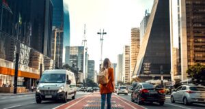 Globale Studie: Wer wird wie in 2033 reisen? Globale Studie über das Reisen in 2033: Bild zeigt eine Frau mit Rücksack auf einer Fahrbahn in einer Metropole