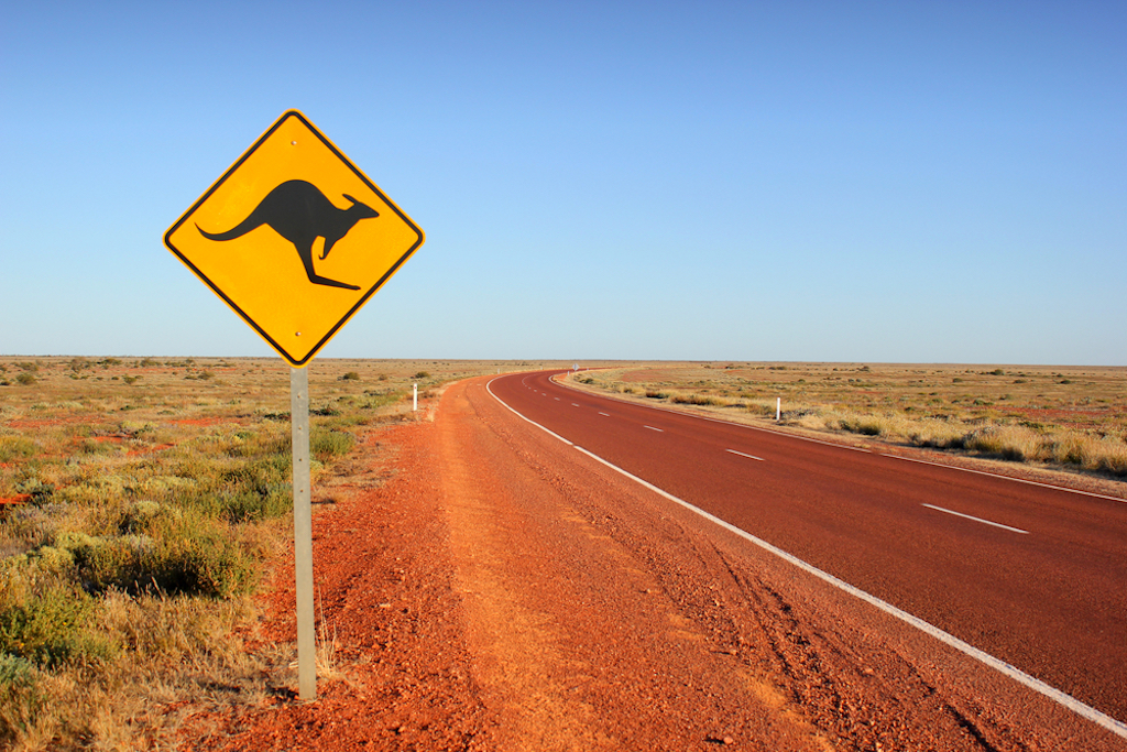 Bild zeigt: Verkehrsschild „Vorsicht, Känguru kreuzt die Straße“: Damit müssen Wohnmobil-Lenker oft rechnen (Bild: Shutterstock)