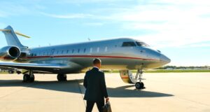 Greenpeace kämpft für Privatjet-Verbot Greenpeace will Privatjets verbieten: Bild zeigt einen Geschäftsreisenden auf dem Weg zu einem am Flugfeld stehenden Privatjet
