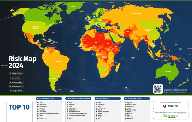 Weltkarte mit verschiedenen Farben, die zeigen, wo Reisende mit Risiken zum rechnen haben
