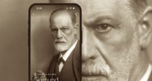 Mit City App ivie in Freuds Welt eintauchen City App ivie mit Bild eines Smartphones, auf dem Display ist Dr. Freud zu sehen und ebenso im Hintergrund sein Porträt