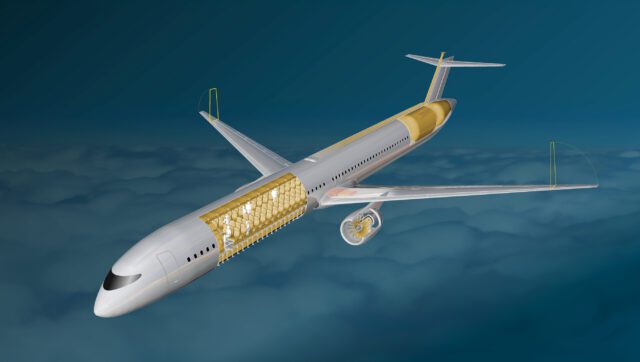 Flugzeugkonfiguration WASSERSTOFF-MILD-HYBRID mit Wasserstoffdirektverbrennung und Brennstoffzellen zur Unterstützung Flugzeugkonfiguration Wasserstoff-Mild-Hybrid mit Wasserstoffdirektverbrennung und Brennstoffzellen zur Unterstützung (Bild: DLR, CC BY-NC-ND 3.0)