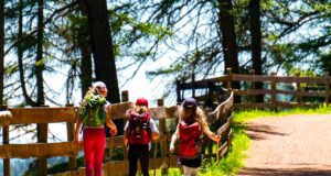 Kräuterwandern macht Urlauber glücklich Kräuterwandern ist eine Vergnügen für Erwachsene und Kinder: Zu sehen sind eine erwachsene Peron mit zwei Kindern auf eine Wanderweg in den Bergen