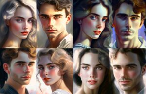 Generation Z revolutioniert den Reisemarkt Porträts junger Frauen und Männer blicken den Betrachter an. Mit künstlicher Intelligenz generierte Porträts von Frauen und Männern der