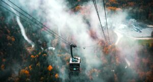Geht Tourismusbarometer rauf oder runter? Tourismbarometer: Eine Seilbahn auf Fahrt in einer vernebelten Berglandschaft. Unterhalb ist eine Siedlungen zu sehen