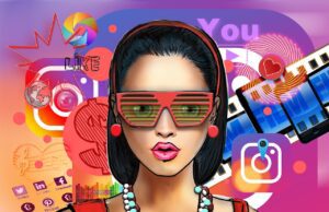 KI-Projekt wirbt fürs Reiseland Deutschland Junge Frau mit Sonnenbrille mit poppigem Hintergrund mit vielen bunten Symbolen