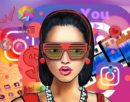 So wird KI zum Reisebüro für die Gen Z KI wird zum Reisebüro der Gen Z:Junge Frau mit Sonnenbrille mit poppigem Hintergrund mit vielen bunten Symbolen
