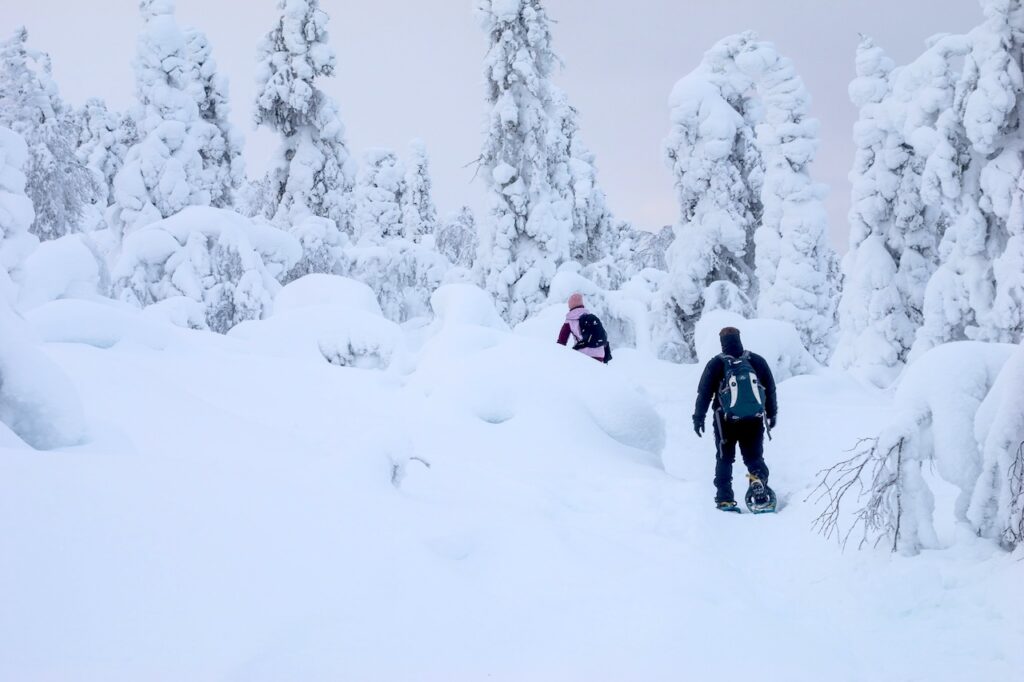 Winterliche Schneelandschaft in Lappland, zwei Menschen beim Schneeschuwandern durch einen Schneewald