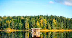Schweden will Namen Schweden schützen Schweden, eine Land der Seen und In sein. Ein riesiger See, umgeben von einem dichten Wald und am Ufer des Sees eine Hütte