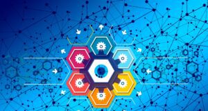 Warum Digitalisierung für Hotels wichtig ist Symbolbild für Digitalisierung mit miteinander verzahnte Sechsecke in diversen Farben