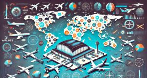 Wer sind die sichersten Airlines in 2025? Eine stilisierte Weltkarte im Querformat mit hervorgehobenen Flugrouten und Symbolen für die 25-sichersten Airlines der Welt.