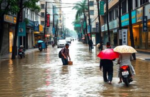 Klimawandel macht Urlaubsreisen unsicher! Überschwemmente Straße in einer asiatischen Metropole, Menschen mit Regenschirmen waten in der Straße durch das Wasser