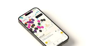 Falstaff-App für Speisen, Reisen und Genuss Falstaff-App: Mobiltelefon mit einer Karte, auf der viele bunte Punkte die empfohlenen Lokal und Hotels markieren