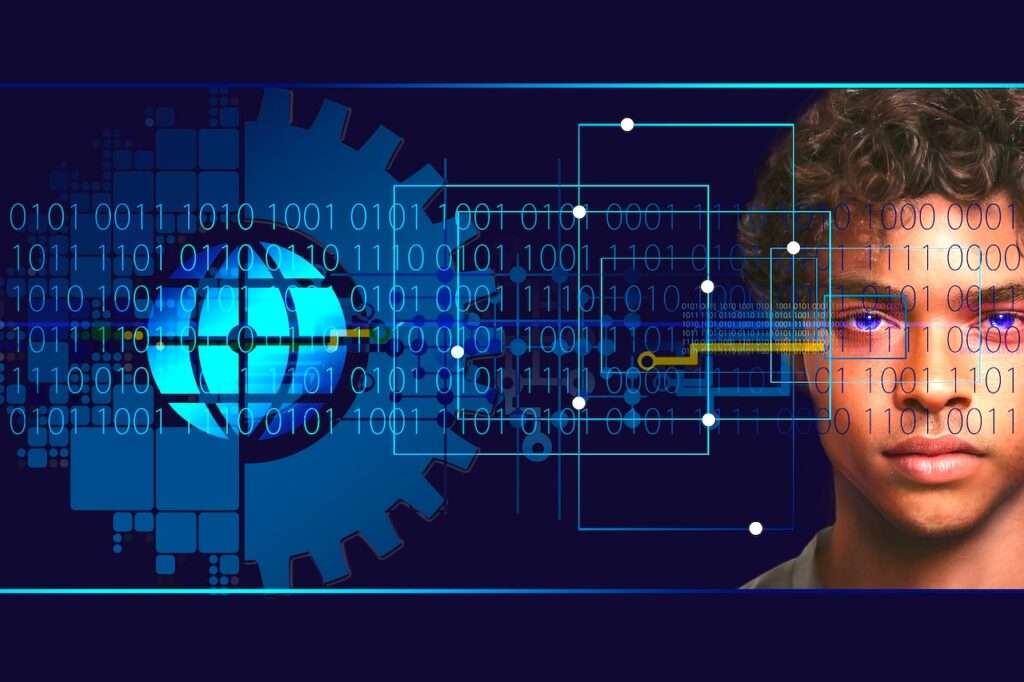 KI-Agenten: Grafik für Künstliche Intelligenz mit Erdkugel, Linien und dem Gesicht eines jungen Mannes