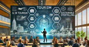 Destination 2040: Zukunft des Tourismus A-futuristic-tourism-conference-with-a-modern-high-tech-atmosphere.-A-speaker-presents-on-a-large-digital-screen-displaying-topics-like-AI-in-tourism
