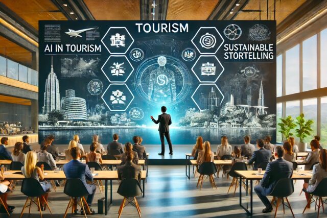 Destination 2040 A-futuristic-tourism-conference-with-a-modern-high-tech-atmosphere.-A-speaker-presents-on-a-large-digital-screen-displaying-topics-like-AI-in-tourism