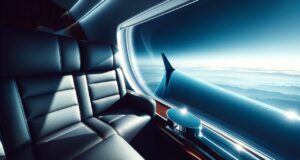 Wann lohnt sich ein Privatjet fürs Business? Wann lohnt sich ein Privatjet für Businessflüge? Dunkle Ledersitze in einem luxuriösen Privatjet mit Blick durch das Fenster auf Wolken, Horizont und eine Tragfläche