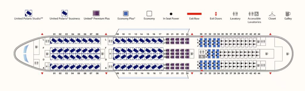 Zeichnung mit der Bestuhlung des Dreamliner von United Airlines
