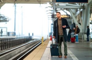 Concur Travel mit SBB auf Geschäftsreisen Concur Travel mit SBB auf Schiene: Mann mit Koffer steht auf einem Bahnsteig und b lockt in Richtung eines einfahren Zuges