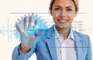 Digitalisierung macht Geschäftsreisen easier KI-Agenten: frau in einem hellblauen Digitalisierung: Kostüm greift auf eine Glasplatte mit digitalen Informationen