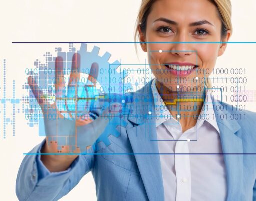 Bestimmen KI-Agenten, wie wir bald reisen? KI-Agenten: frau in einem hellblauen Digitalisierung: Kostüm greift auf eine Glasplatte mit digitalen Informationen