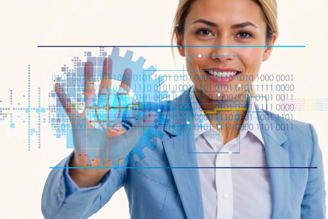 businesswoman-9156302_1920 1280x853 KI-Agenten: frau in einem hellblauen Digitalisierung: Kostüm greift auf eine Glasplatte mit digitalen Informationen