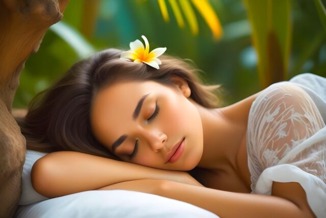 Wo leichte Schläfer besser schlafen Wo leichte Schläfer besser schlafen: Junge Frau mit gelber Blume im Haar schläft mit Palmen im Hintergrund