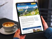 BWH Hotels setzen auf witzige Wortspiele BWH Hotels: Mockup image of a woman holding digital tablet with blank white desktop screen in cafe