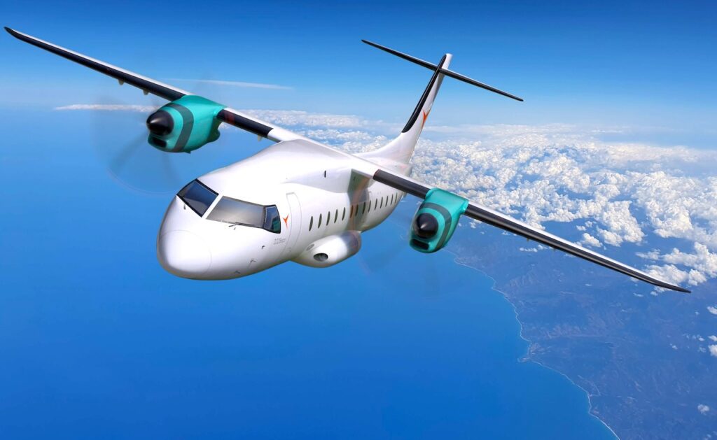 Animiertes Bild zeigt das Turboprop-Flugzeug D328eco bei einem Flug über den Wolken