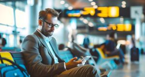 Mit Travel-Sourcing Reiseausgaben senken Travel-Sourcing hilft, die steigenden Geschäftsreisekosten zu senken: Geschäftsreisender sitzt auf einer Bank in der Abfertigungshalle eines Airports und blickt auf sein Smartphone