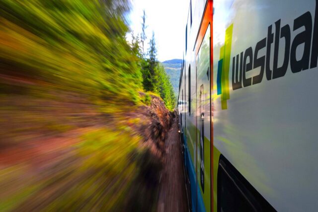 KISS3-on-route-in-the-alps-min Bahnfahren: Dynamische Aufnahme eines Zuges mit der Beschriftung Westbahn vorbei an herbstlichen Sträuchern