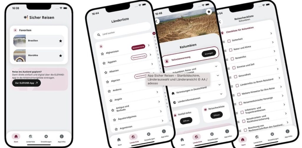 Reisewarnungen kann man auch am Smartphone erhalten: Vier Ansichten von der App Sicher Reisen