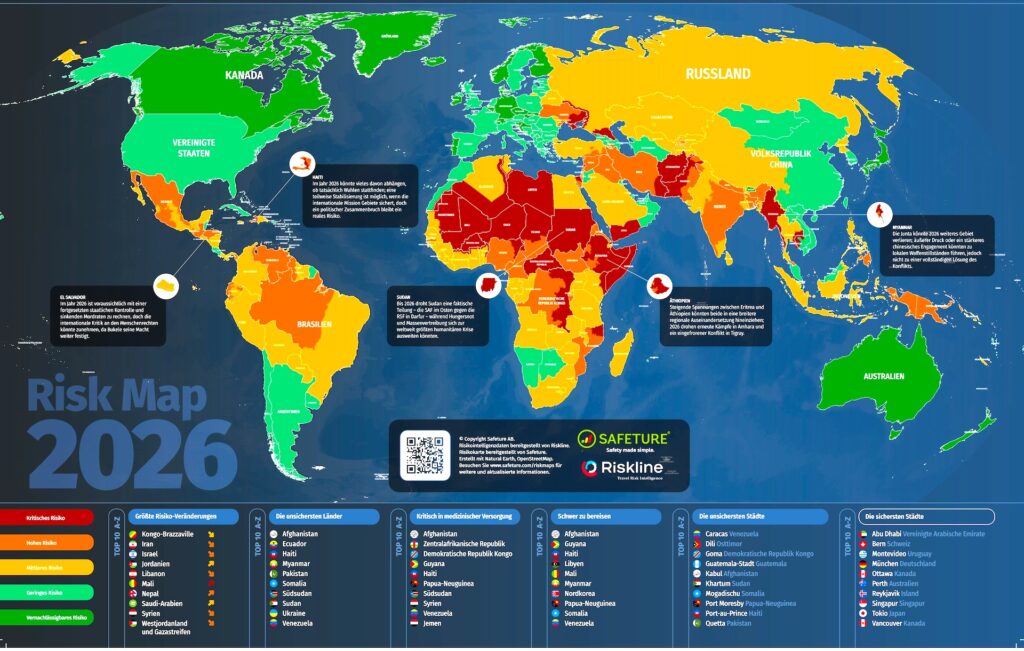 Sicherheitslage: Reisewarnungen: Risk Map 2926: Gefährliche Länder und Städte. Bild zeigt eine Weltkarte mit allen Kontinenten und Ländern in bunten Farben