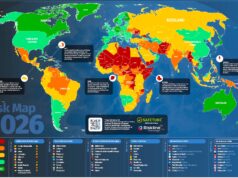 Risk Map 2026: Gefährliche Länder & Städte Risk Map 2926: Gefährliche Länder und Städte. Bild zeigt eine Weltkarte mit allen Kontinenten und Ländern in bunten Farben