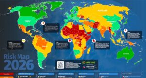 Risk Map 2026: Gefährliche Länder & Städte Risk Map 2926: Gefährliche Länder und Städte. Bild zeigt eine Weltkarte mit allen Kontinenten und Ländern in bunten Farben