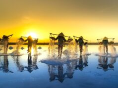 Asien als neue Chance für die Reisebranche Viele Personen mit Kopfbedeckung wann durch ein bewässertes Reisefeld