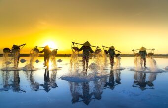 Asien als neue Chance für die Reisebranche Viele Personen mit Kopfbedeckung wann durch ein bewässertes Reisefeld