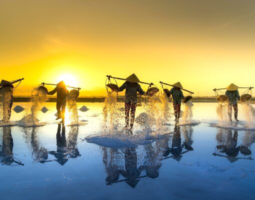 Asien als neue Chance für die Reisebranche Viele Personen mit Kopfbedeckung wann durch ein bewässertes Reisefeld