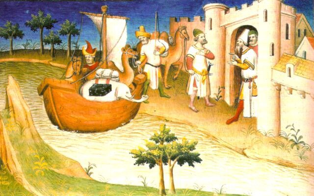 Reiseglück entdecken. Im Jahr 1271 machte sich der venezianische Händler Marco Polo als erster Europäer zu einer langen Reise durch die Gebirge und Wüsten Asiens. Er suchte das Reiseglück in China (Bild: The Travels of Marco Polo)