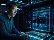 KI im Geschäftsreisemanagement 2026 Ein Mann sitzt vor einem großen Bildschirm mit vielen digitalen Symbolen