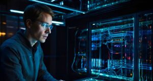 KI im Geschäftsreisemanagement 2026 Ein Mann sitzt vor einem großen Bildschirm mit vielen digitalen Symbolen