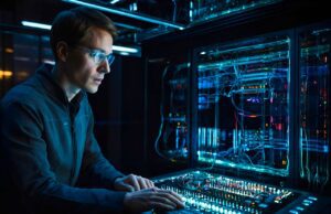 KI im Geschäftsreisemanagement 2026 Ein Mann sitzt vor einem großen Bildschirm mit vielen digitalen Symbolen
