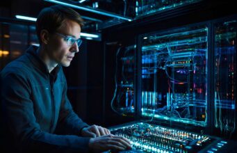 KI im Geschäftsreisemanagement 2026 Ein Mann sitzt vor einem großen Bildschirm mit vielen digitalen Symbolen