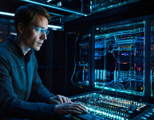 KI im Geschäftsreisemanagement 2026 Ein Mann sitzt vor einem großen Bildschirm mit vielen digitalen Symbolen