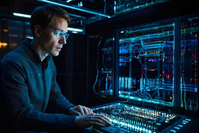 Ein Mann sitzt vor einem großen Bildschirm mit vielen digitalen Symbolen